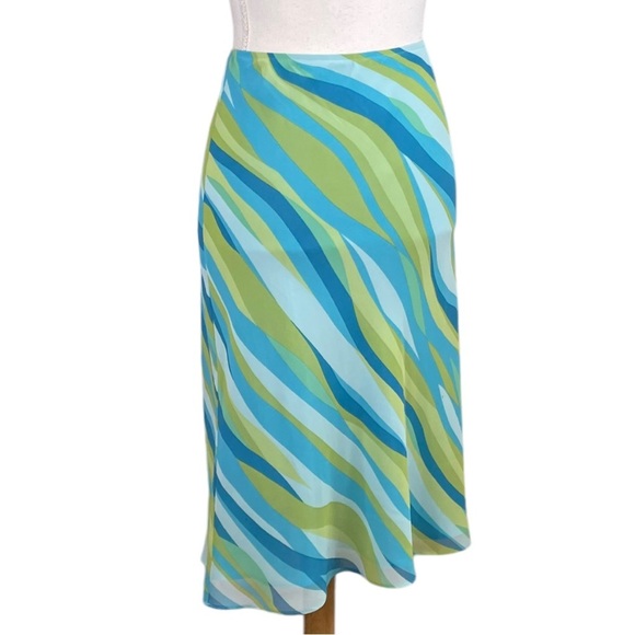 Apostrophe Blue Green Tan Abstract Print A-Line Y2K Knee Length Skirt Low Rise - Picture 3 of 8